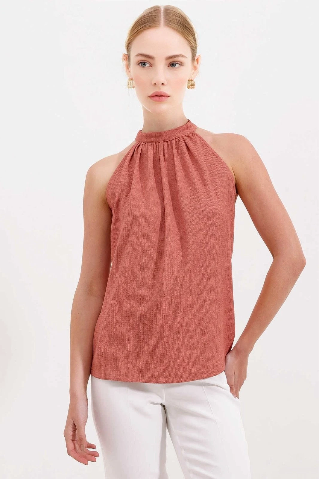 Kadın Gül Kurusu Halter Yaka Kolsuz Örme Bluz HZL24S-BD104891