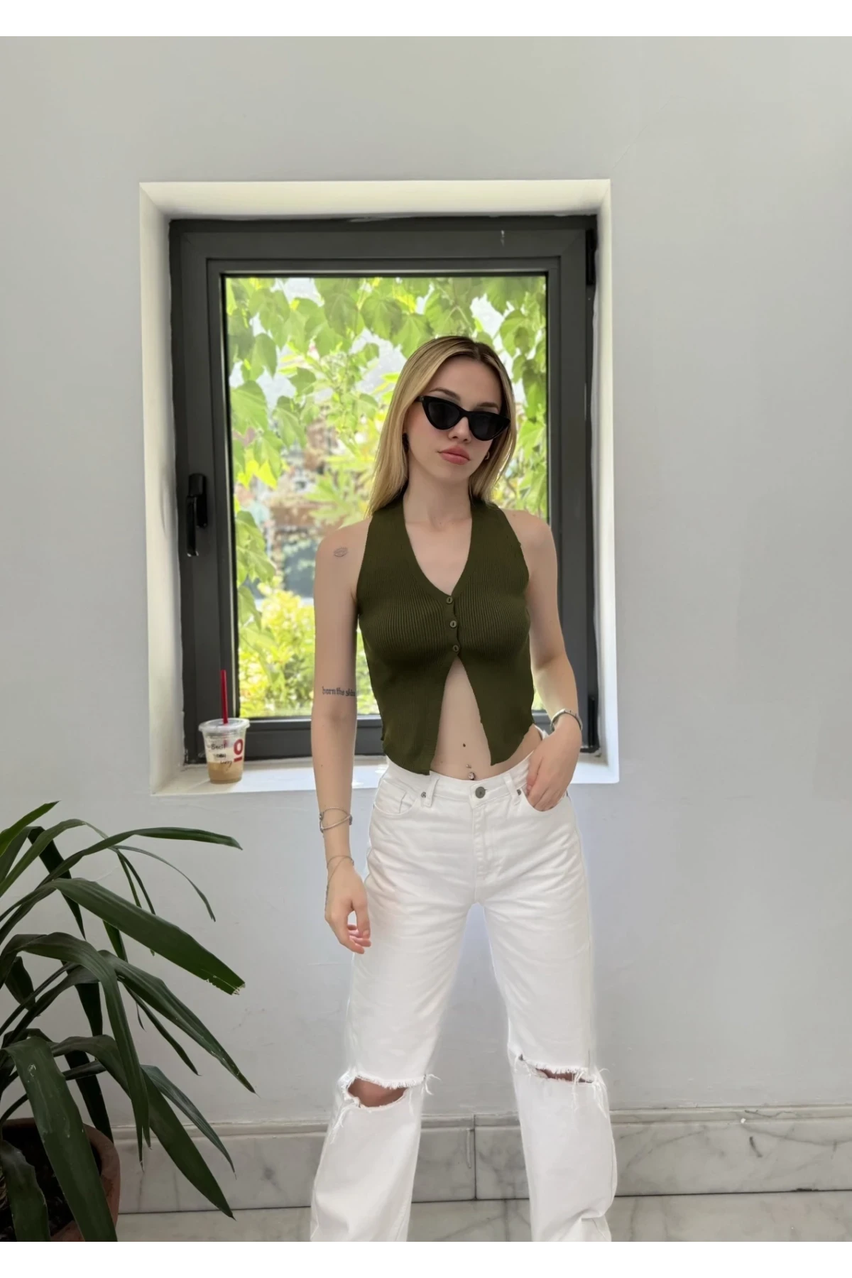 Kadın Haki Düğmeli Crop Triko Yelek HZL24S-ZK10231
