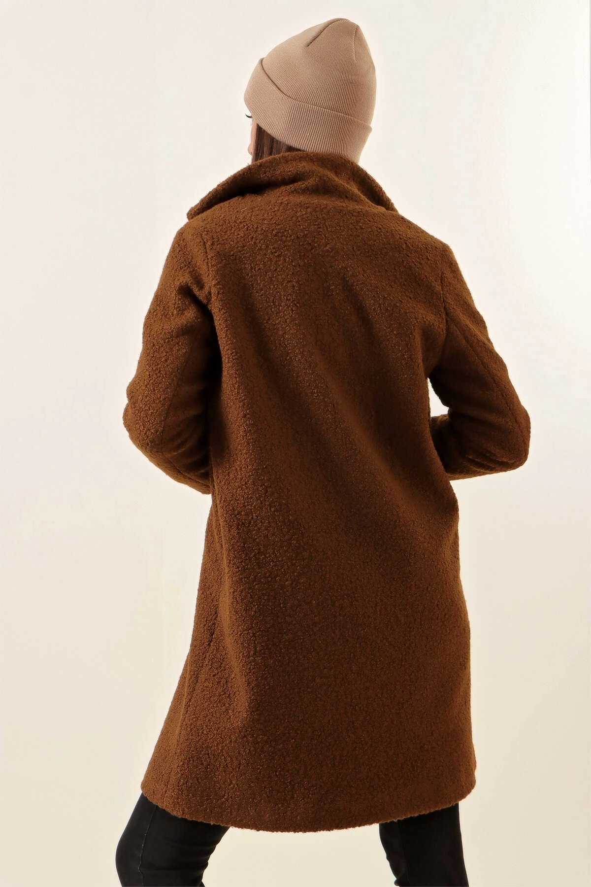 Kadın Kahverengi Tek Düğmeli Çift Cepli Astarlı Buklet Kaşe Kaban HZL22W-BD190821