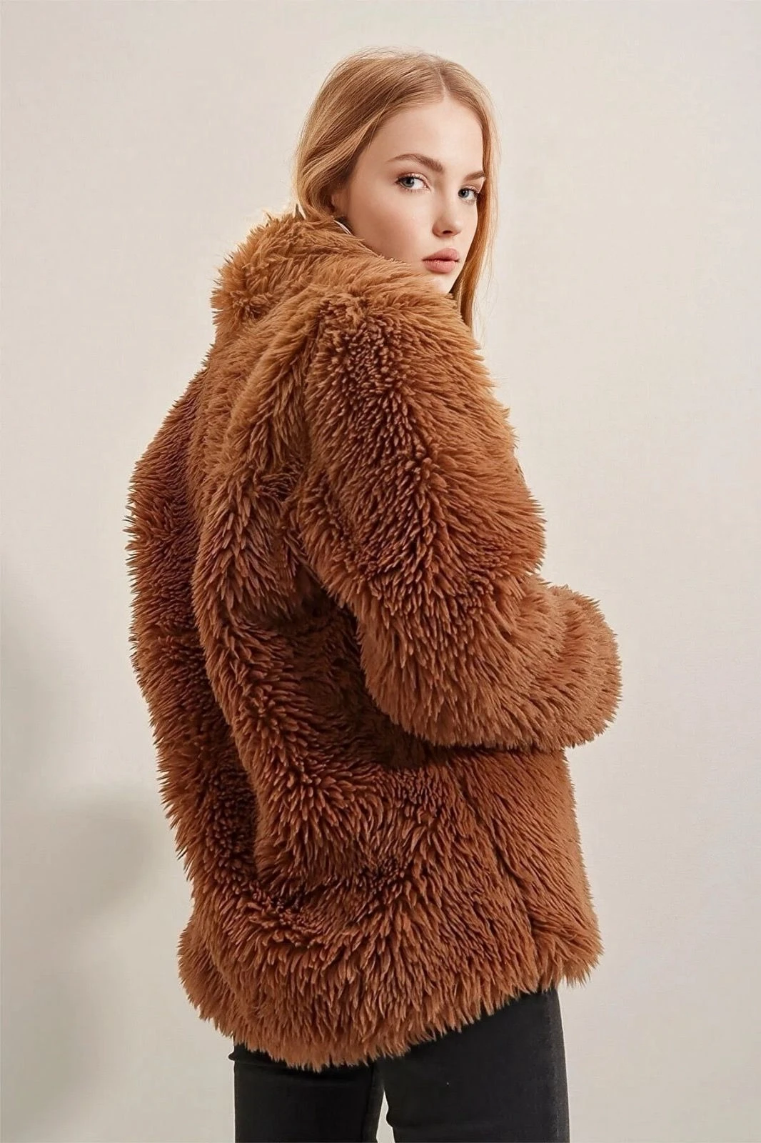 Kadın Kiremit Şık Astarlı Peluş Suni Kürk Kaban HZL23W-BD190881