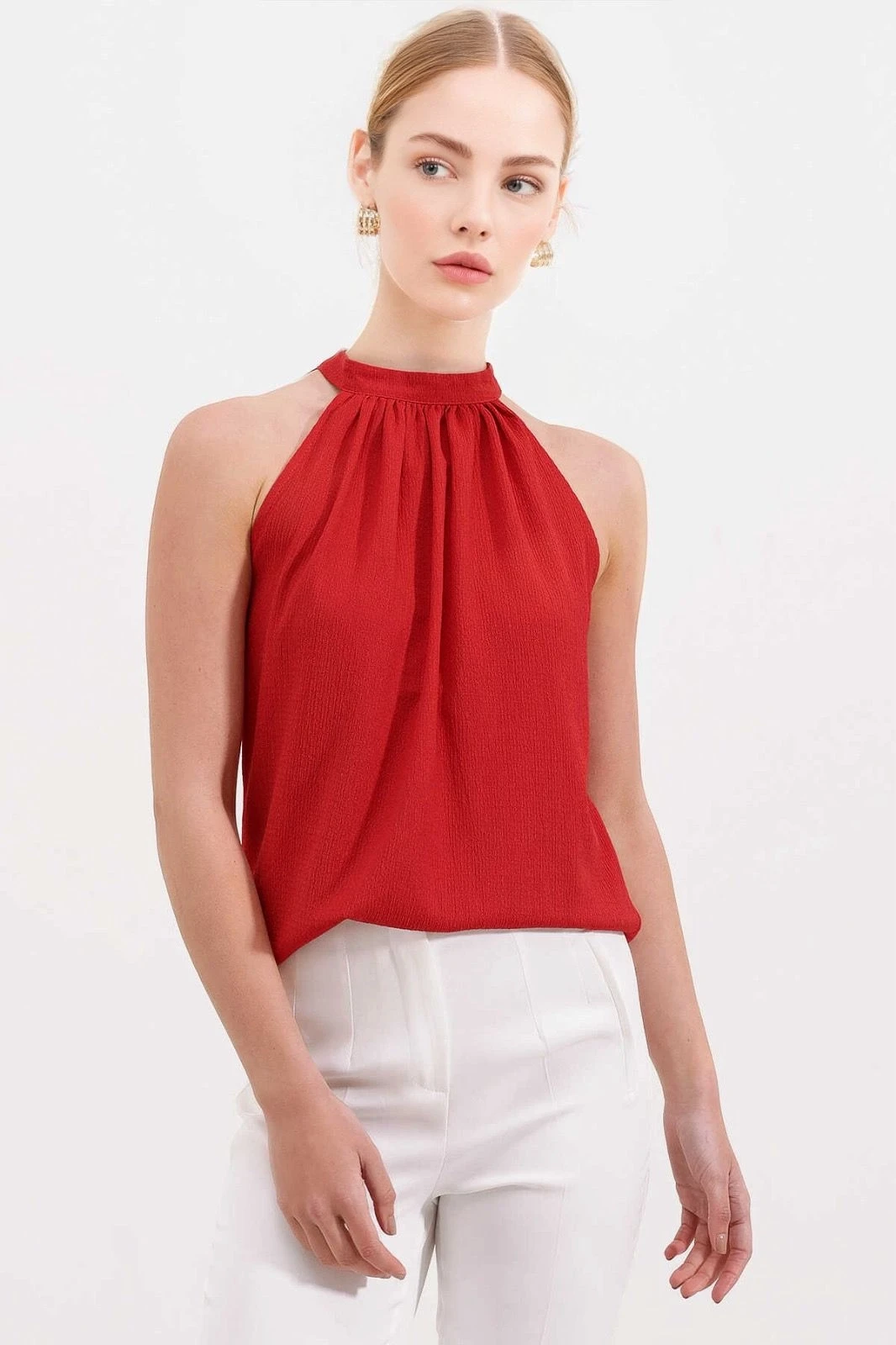 Kadın Kırmızı Halter Yaka Kolsuz Örme Bluz HZL24S-BD104891