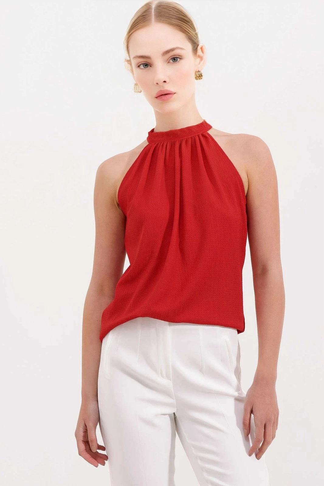 Kadın Kırmızı Halter Yaka Kolsuz Örme Bluz HZL24S-BD104891