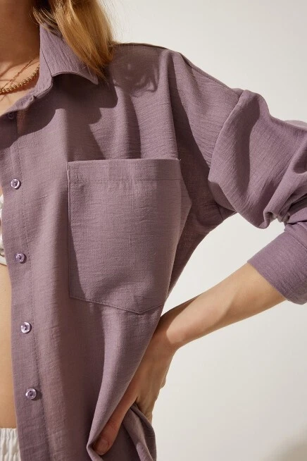 Kadın Koyu Lila Tek Cepli Oversize Keten Ayrobin Gömlek HZL24S-BD1201531