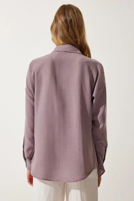 Kadın Koyu Lila Tek Cepli Oversize Keten Ayrobin Gömlek HZL24S-BD1201531