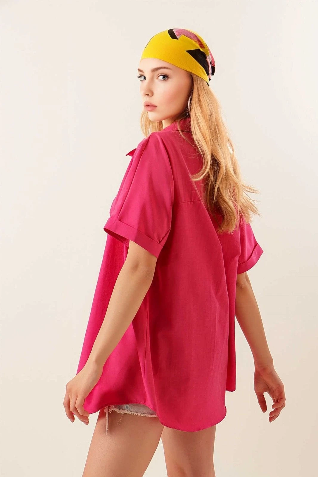 Kadın Koyu Pembe Oversize Uzun Kısa Kollu Basic Poplin Gömlek HZL22S-BD1201201