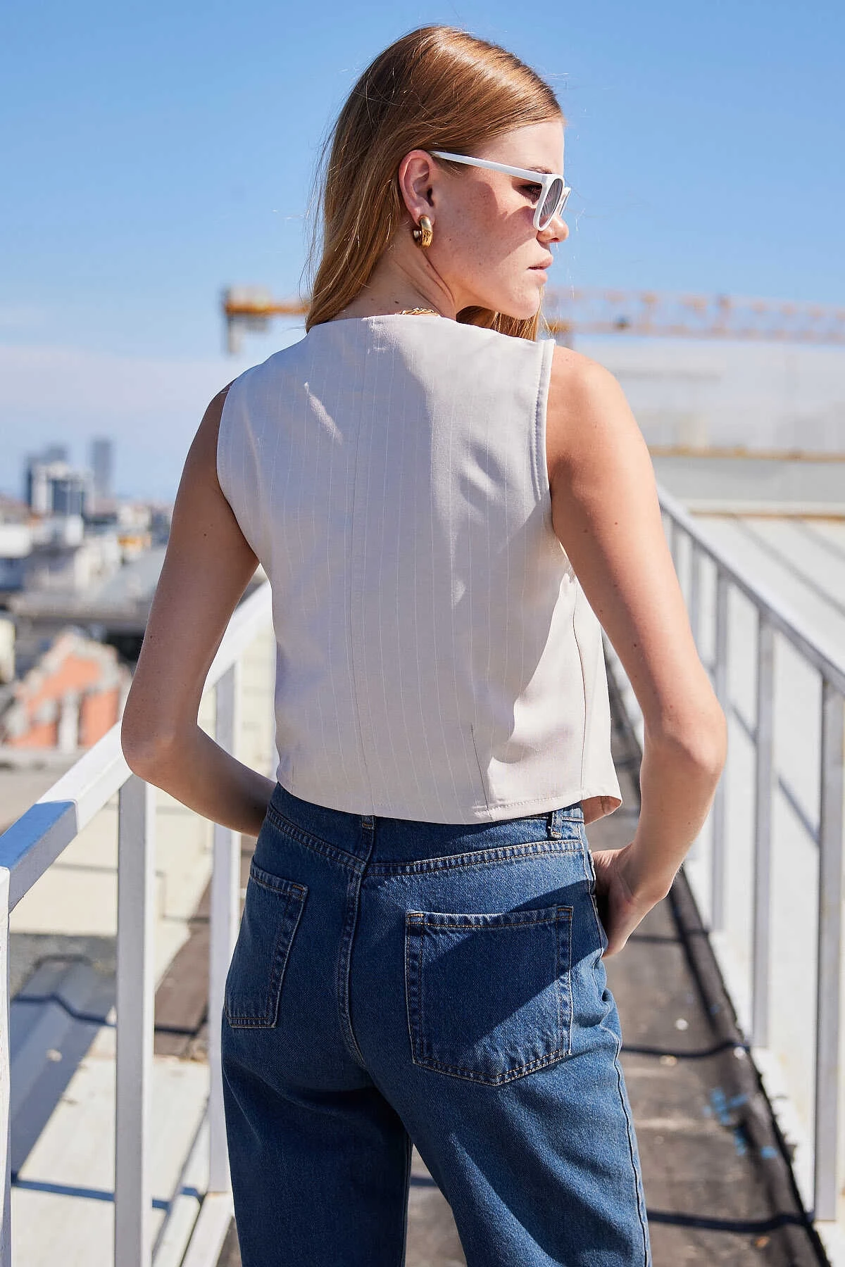 Kadın Krem Çizgili Düğmeli Astarsız Dokuma Yelek HZL24S-BD167941