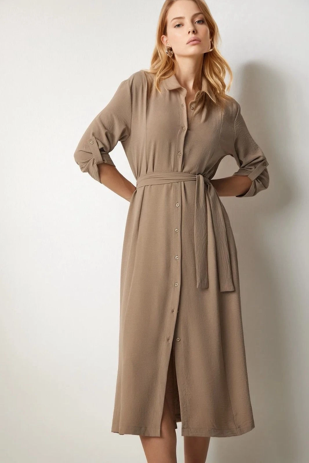 Kadın Krem Gizli Cepli Kuşaklı Viskon Gömlek Elbise HZL24S-BD124421