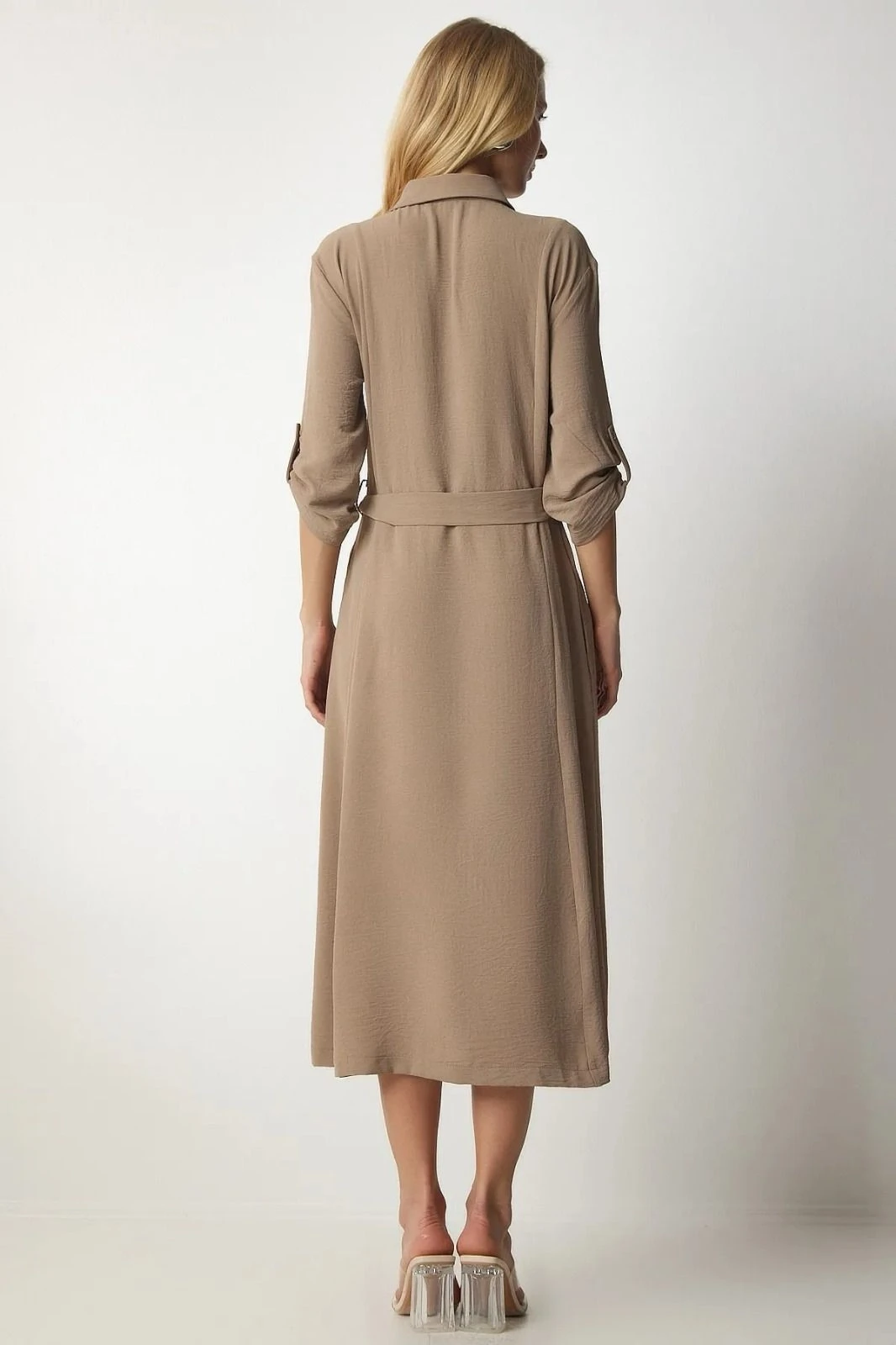 Kadın Krem Gizli Cepli Kuşaklı Viskon Gömlek Elbise HZL24S-BD124421