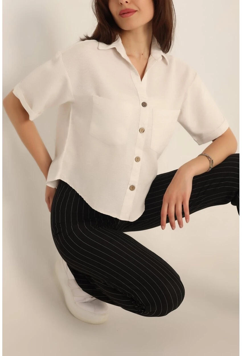 Kadın Krem Kısa Kollu Oversize Çift Cepli Keten Gömlek HZL24S-BD1201801