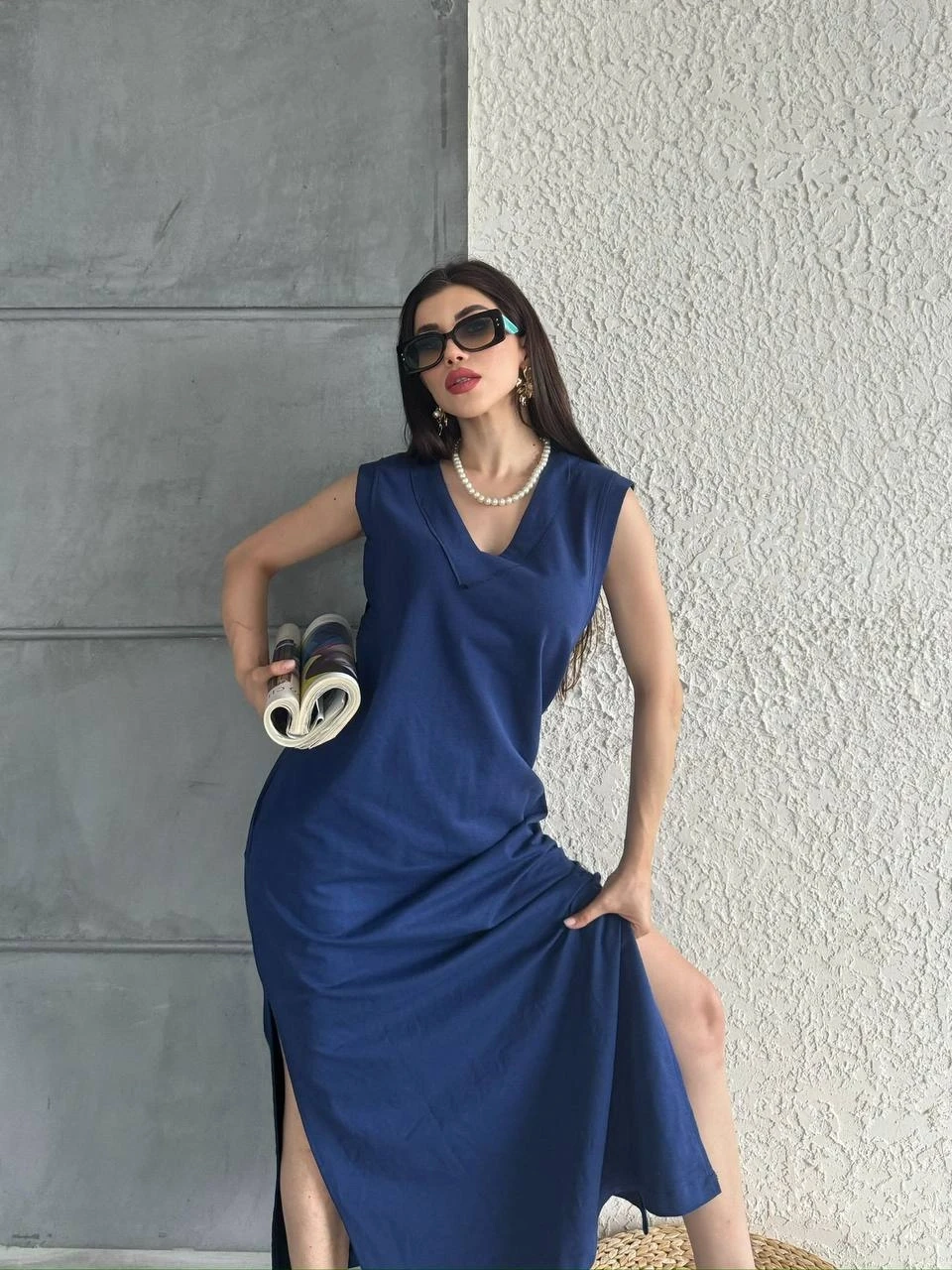 Kadın Lacivert V Yaka Kolsuz Cepli Yırtmaç Detaylı Elbise HZL24S-MJ13001