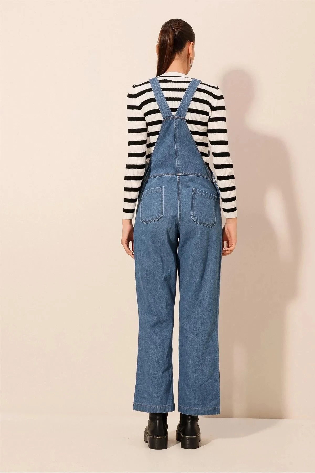 Kadın Mavi Ayarlanabilir Askılı Cepli Yandan Düğmeli Salopet Jean Tulum HZL24W-BD170241