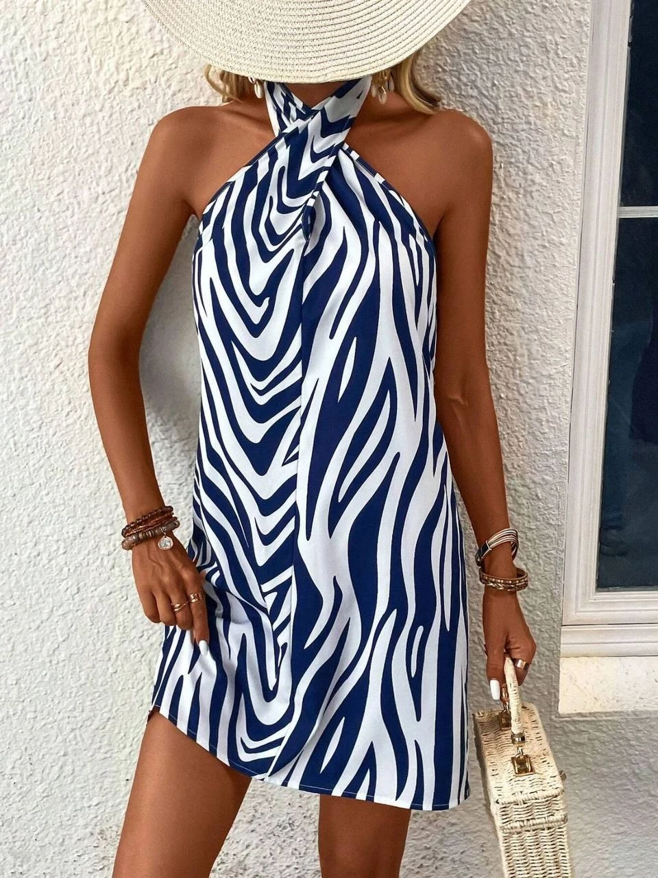 Kadın Mavi Beyaz Boyundan Bağlamalı Mosskrep Dijital Baskılı Astarsız Mini Elbise HZL24S-FRY120971