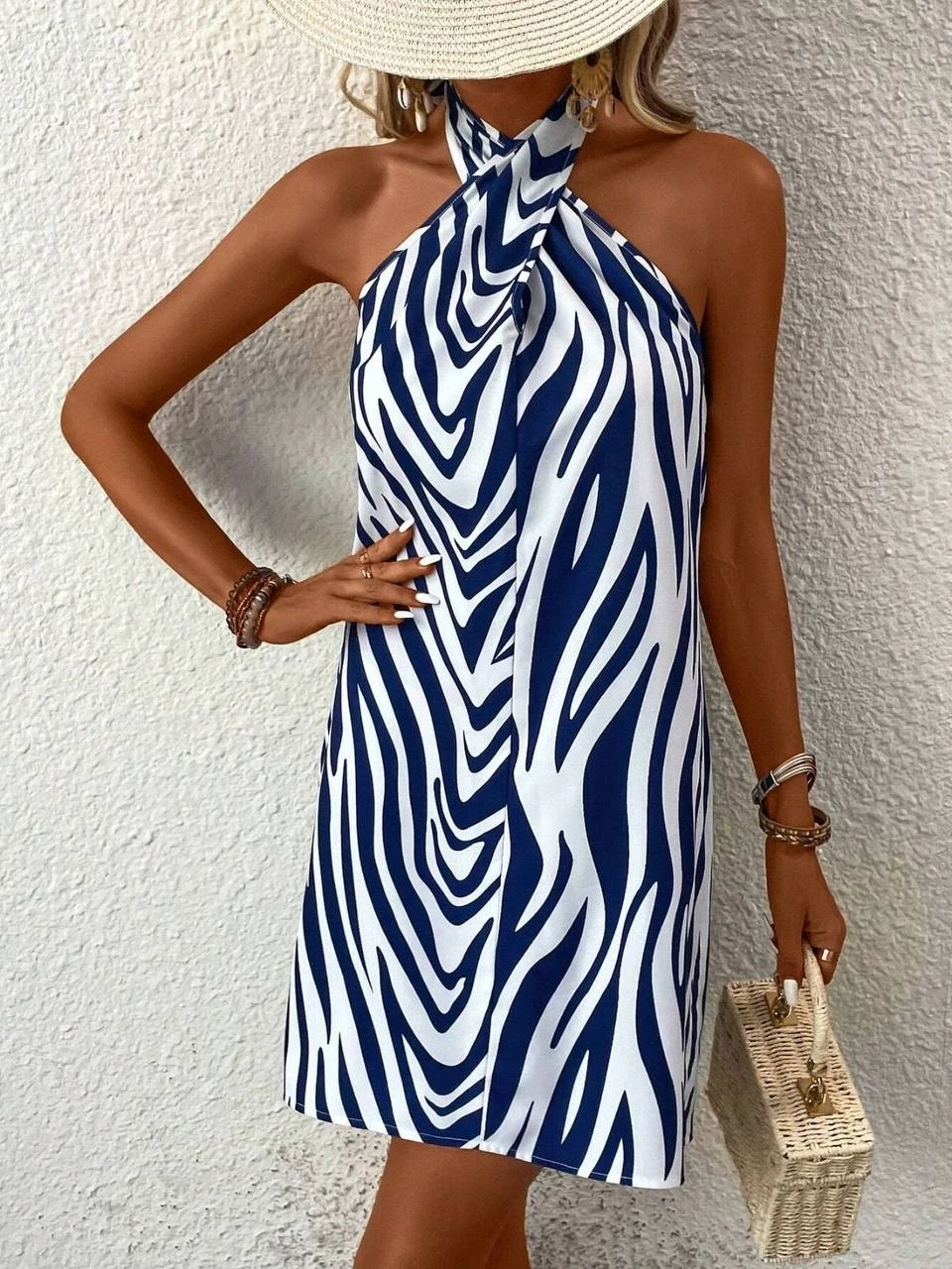 Kadın Mavi Beyaz Boyundan Bağlamalı Mosskrep Dijital Baskılı Astarsız Mini Elbise HZL24S-FRY120971