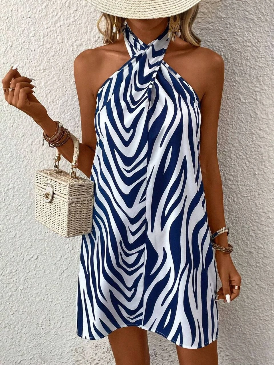 Kadın Mavi Beyaz Boyundan Bağlamalı Mosskrep Dijital Baskılı Astarsız Mini Elbise HZL25S-FRY120971