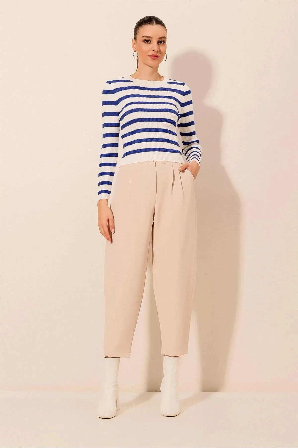 Kadın Mavi Çizgili Bisiklet Yaka Triko Kazak HZL24W-BD1101331