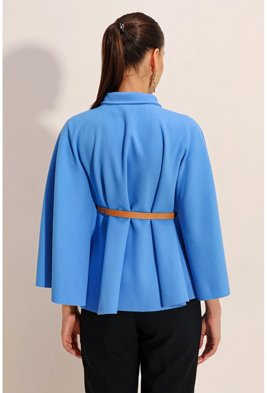 Kadın Mavi Hakim Yaka Kemer Detaylı Kaşe Panço  HZL24W-BD191341