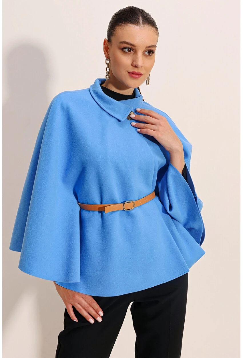 Kadın Mavi Hakim Yaka Kemer Detaylı Kaşe Panço  HZL24W-BD191341