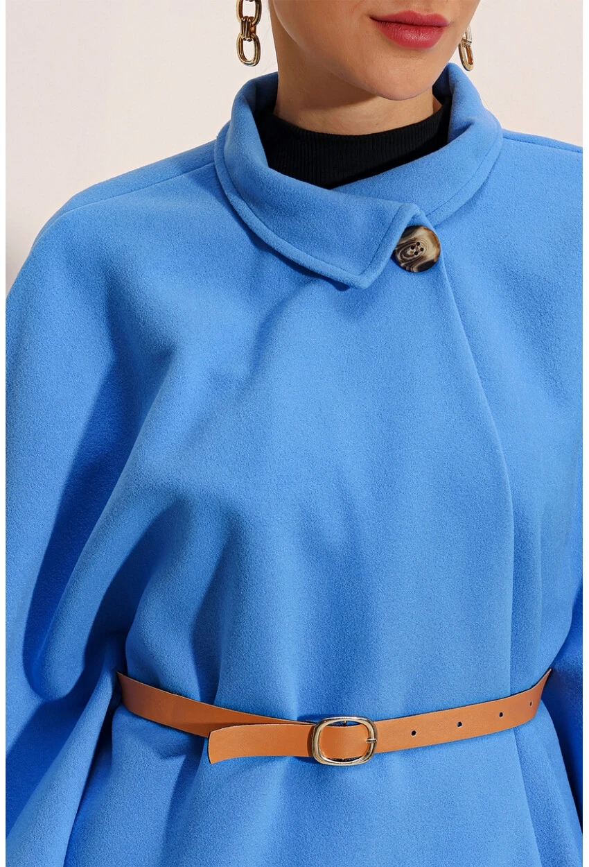 Kadın Mavi Hakim Yaka Kemer Detaylı Kaşe Panço  HZL24W-BD191341