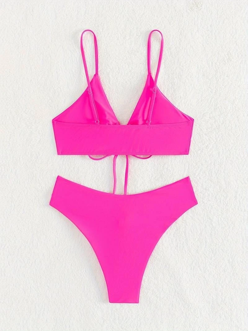 Kadın Neon Pembe İp Detaylı Astarlı V Kesim Üçgen Bikini Takım HZL24S-LC2234