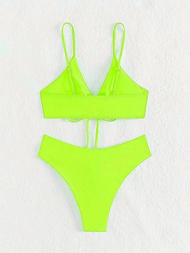 Kadın Neon Yeşil İp Detaylı Astarlı V Kesim Üçgen Bikini Takım HZL24S-LC2234