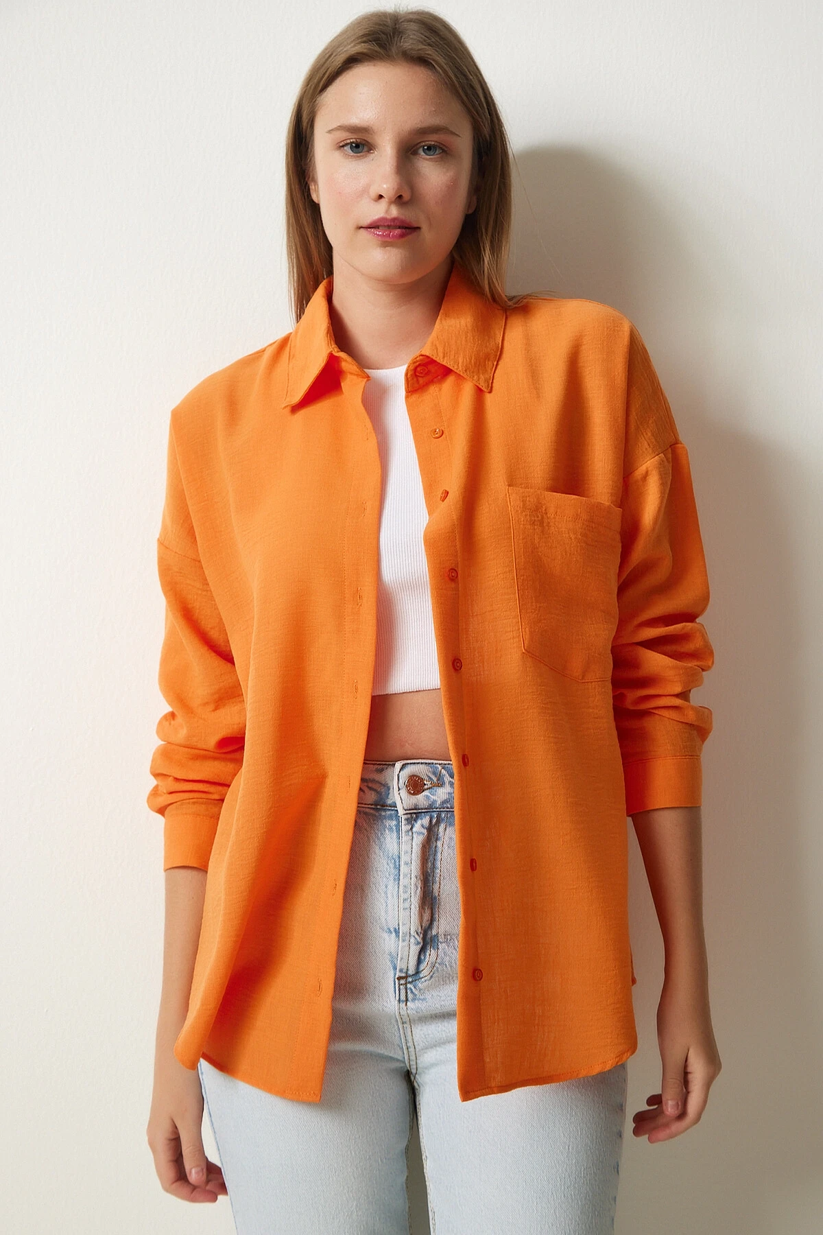 Kadın Oranj Tek Cepli Oversize Keten Ayrobin Gömlek HZL24S-BD1201531