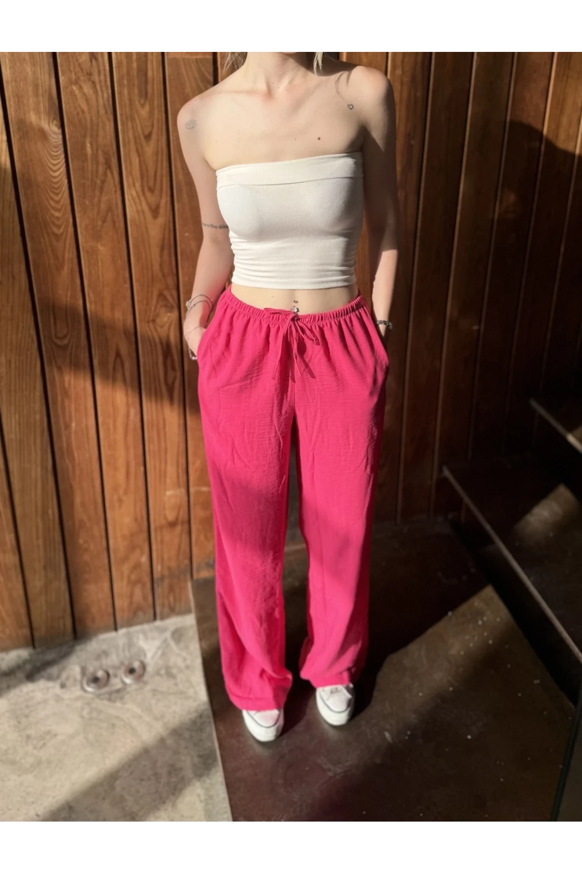 Kadın Pembe Cepli Beli Lastikli Bol Paça Keten Pantolon HZL24S-ZK11051