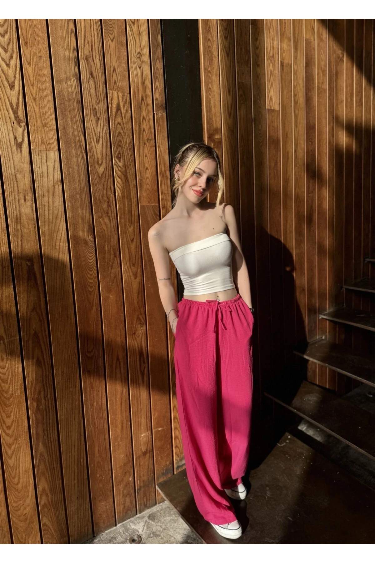 Kadın Pembe Cepli Beli Lastikli Bol Paça Keten Pantolon HZL24S-ZK11051