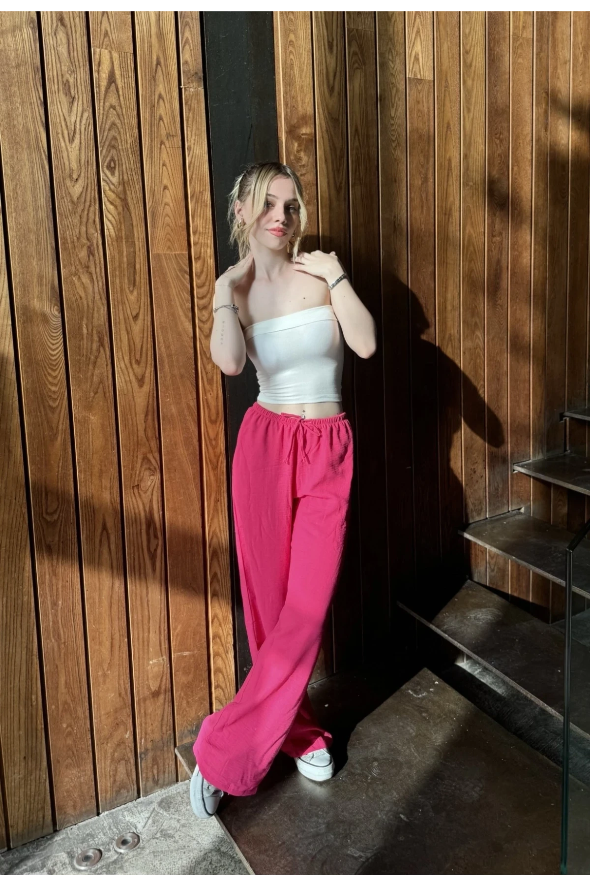 Kadın Pembe Cepli Beli Lastikli Bol Paça Keten Pantolon HZL24S-ZK11051