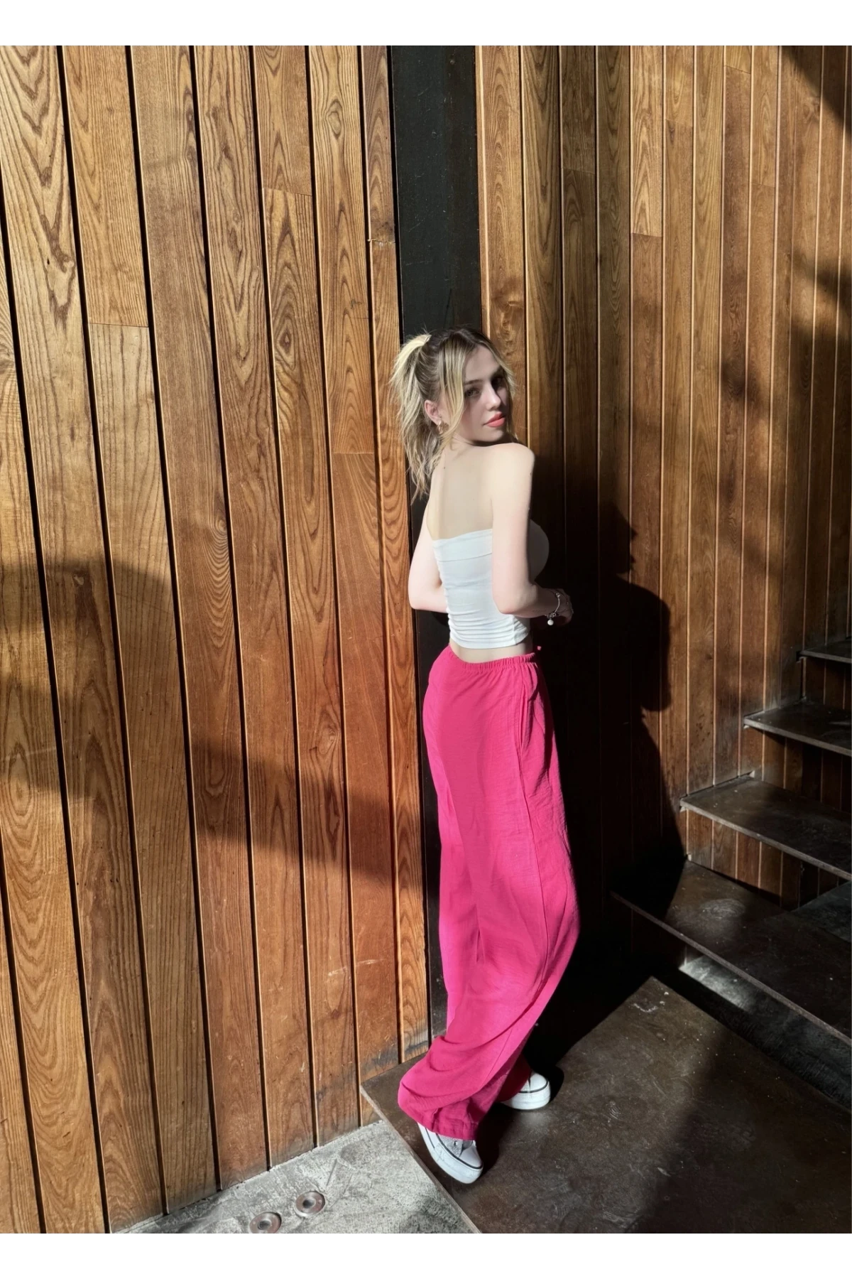 Kadın Pembe Cepli Beli Lastikli Bol Paça Keten Pantolon HZL24S-ZK11051