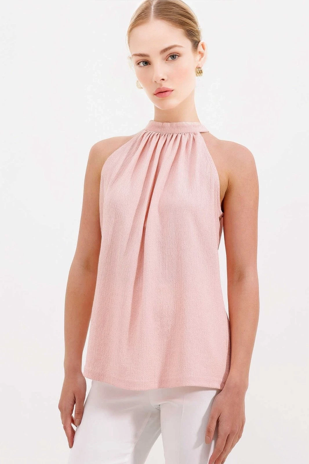 Kadın Pudra Halter Yaka Kolsuz Örme Bluz HZL24S-BD104891