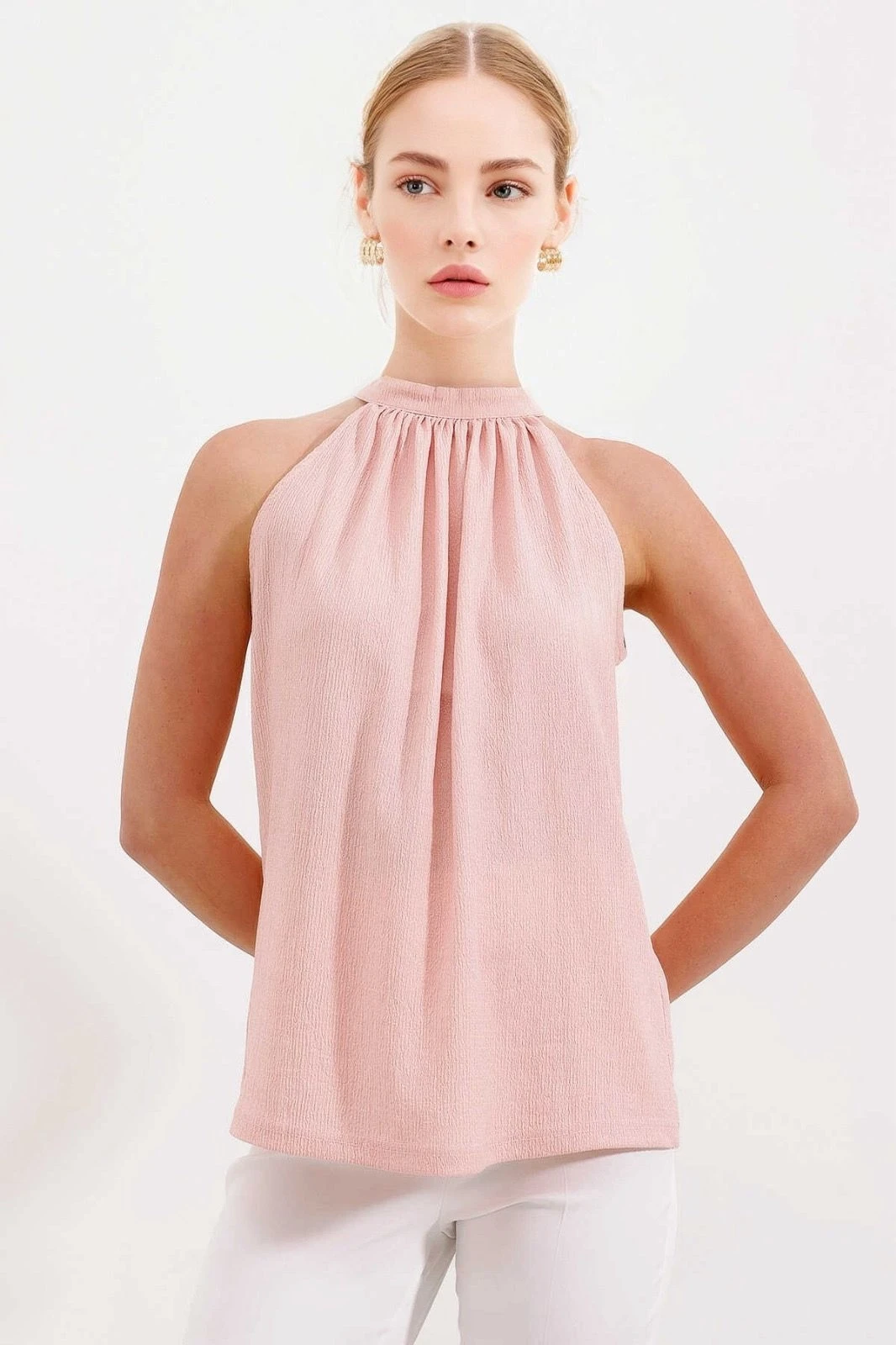 Kadın Pudra Halter Yaka Kolsuz Örme Bluz HZL24S-BD104891