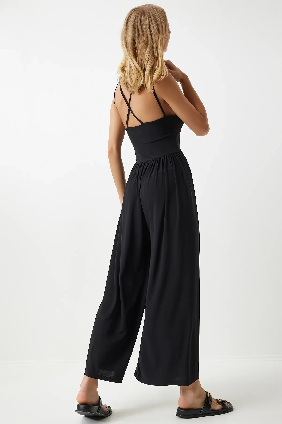 Kadın Siyah Ayarlanabilir Askılı Beli Lastikli Bol Paça Yazlık Örme Tulum HZL24S-BD170291