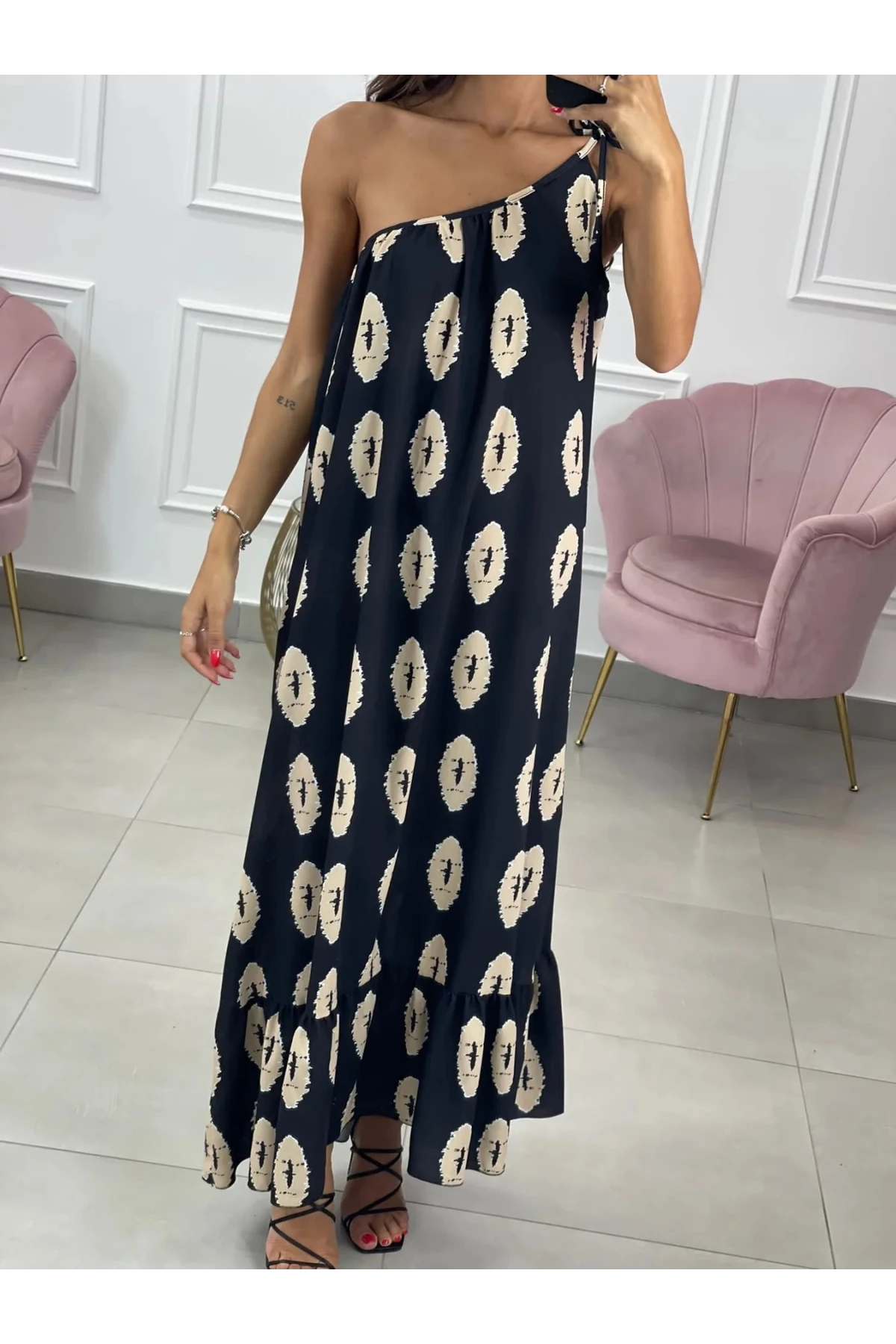Kadın Siyah Baskılı Omuzdan Bağlamalı Astarsız Uzun Elbise HZL24S-DSB135911