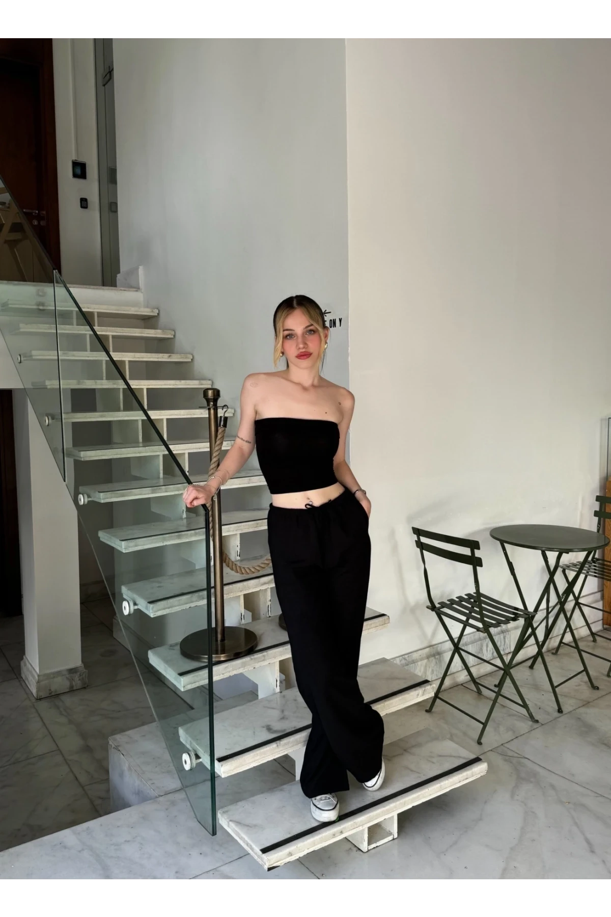 Kadın Siyah Cepli Beli Lastikli Bol Paça Keten Pantolon HZL24S-ZK11051