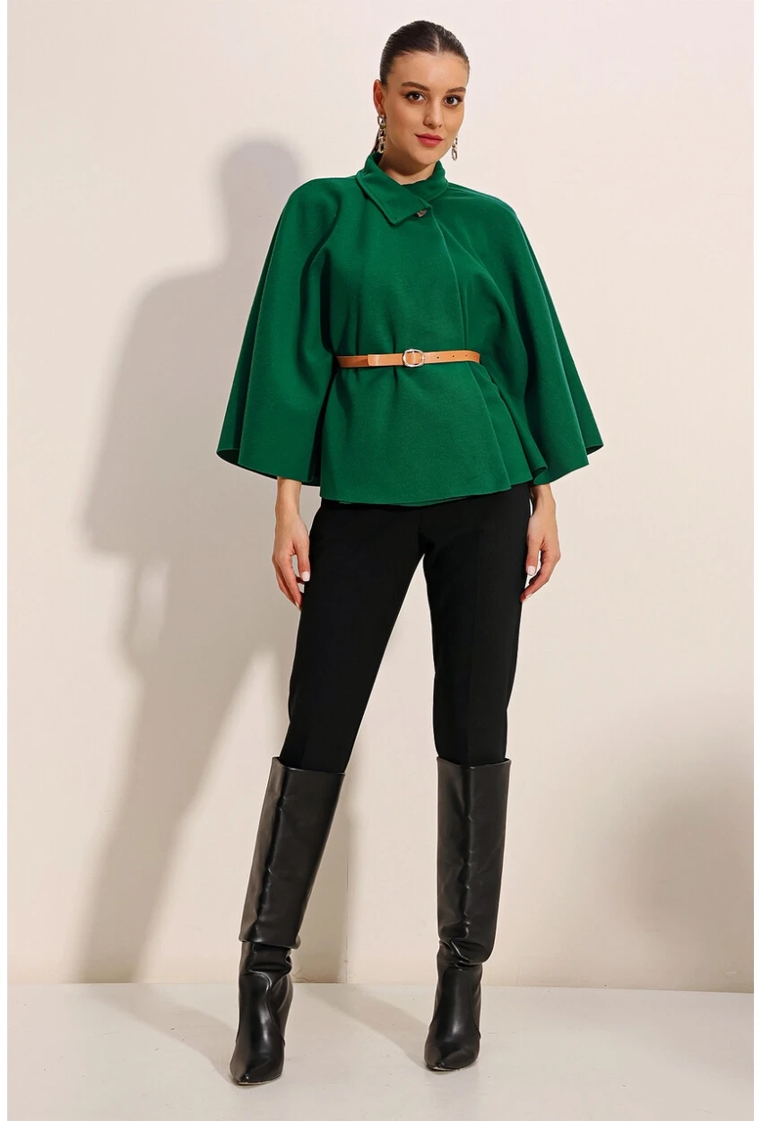 Kadın Zümrüt Yeşili Hakim Yaka Kemer Detaylı Kaşe Panço  HZL24W-BD191341