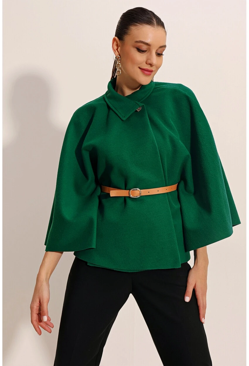 Kadın Zümrüt Yeşili Hakim Yaka Kemer Detaylı Kaşe Panço  HZL24W-BD191341