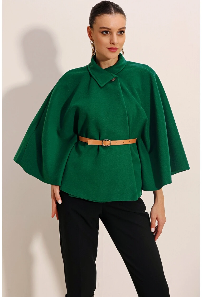 Kadın Zümrüt Yeşili Hakim Yaka Kemer Detaylı Kaşe Panço  HZL24W-BD191341