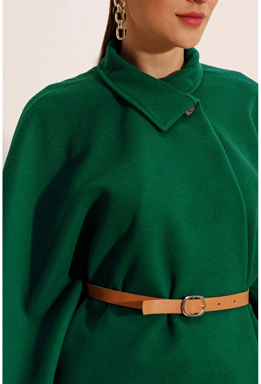 Kadın Zümrüt Yeşili Hakim Yaka Kemer Detaylı Kaşe Panço  HZL24W-BD191341