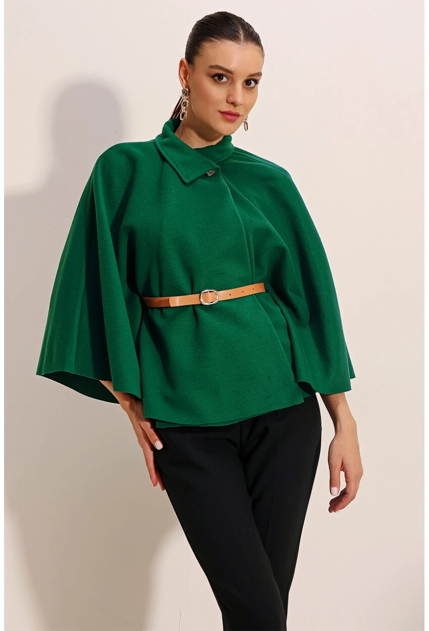Kadın Zümrüt Yeşili Hakim Yaka Kemer Detaylı Kaşe Panço  HZL24W-BD191341