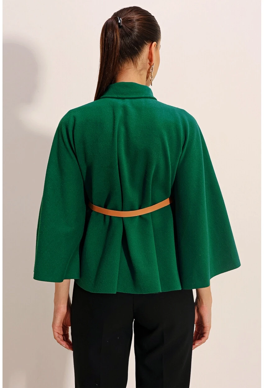 Kadın Zümrüt Yeşili Hakim Yaka Kemer Detaylı Kaşe Panço  HZL24W-BD191341