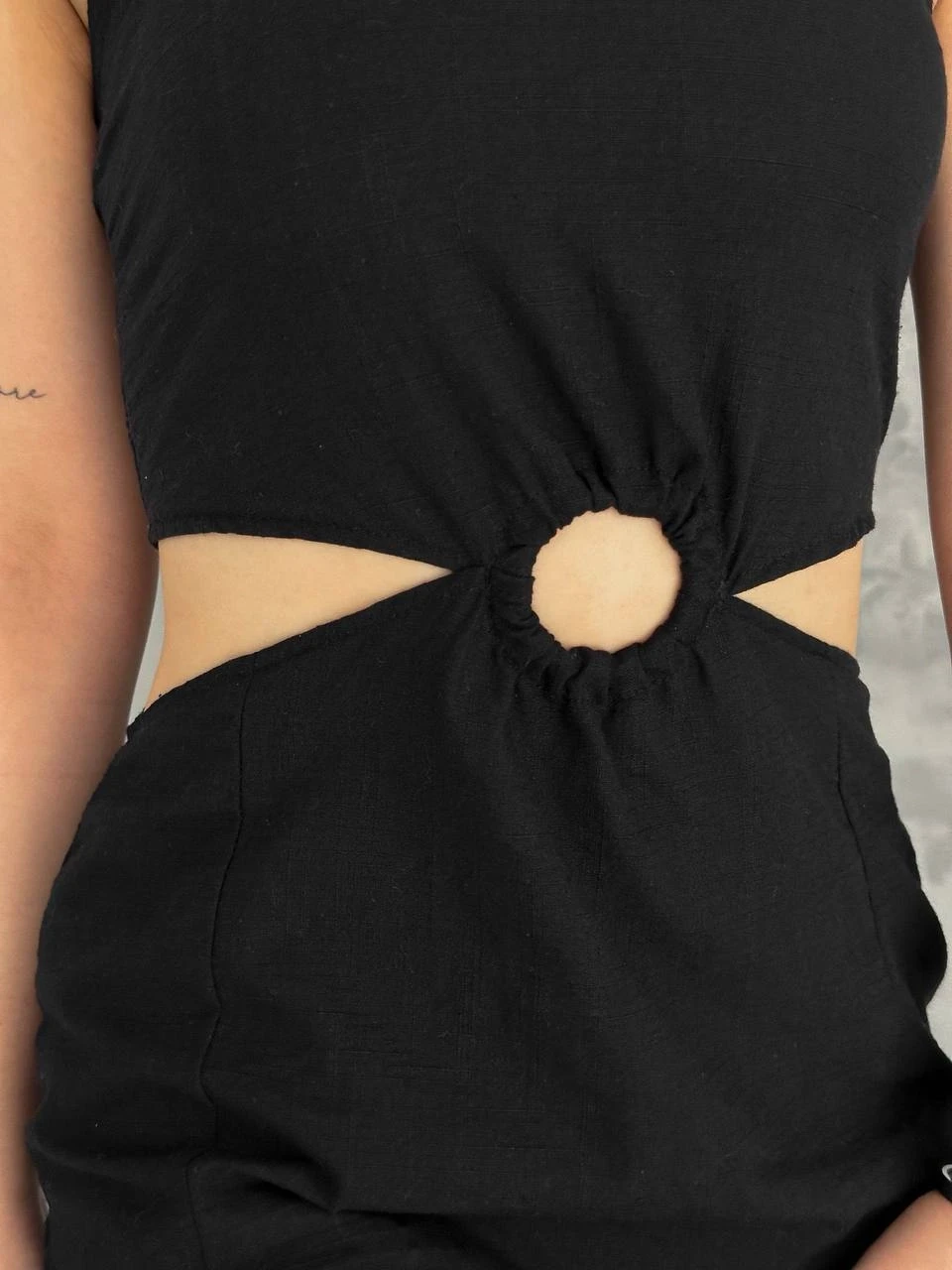 Kadın Siyah Halkalı Bel  Detaylı Mini Boy İthal Keten Elbise HZL24S-FRY121871