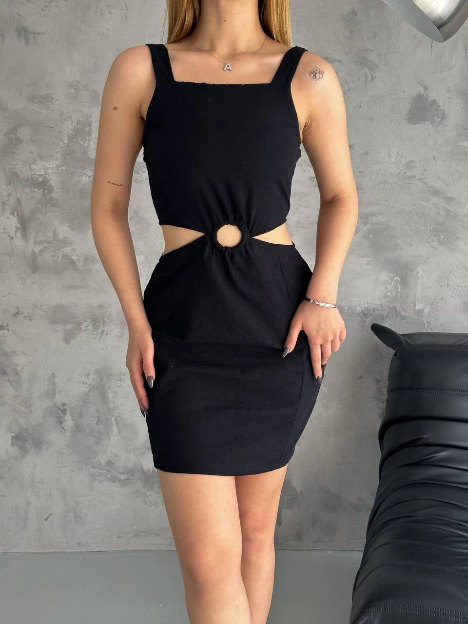 Kadın Siyah Halkalı Bel  Detaylı Mini Boy İthal Keten Elbise HZL24S-FRY121871