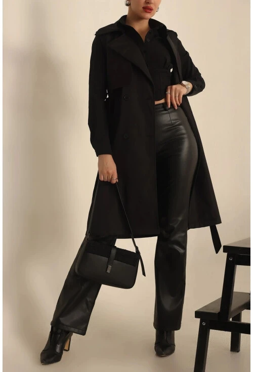 Kadın Siyah Kruvaze Yaka Kuşaklı Mevsimlik Trençkot Yelek Hzl24s-bd159111