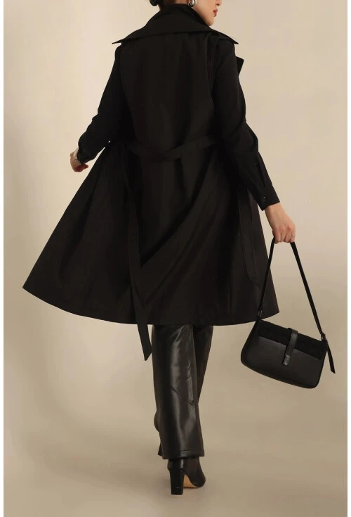 Kadın Siyah Kruvaze Yaka Kuşaklı Mevsimlik Trençkot Yelek Hzl24s-bd159111