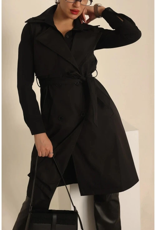 Kadın Siyah Kruvaze Yaka Kuşaklı Mevsimlik Trençkot Yelek Hzl24s-bd159111
