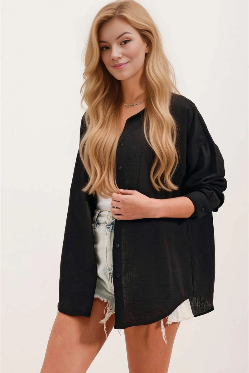 Kadın Siyah Tek Cepli Oversize Keten Ayrobin Gömlek HZL24S-BD1201531