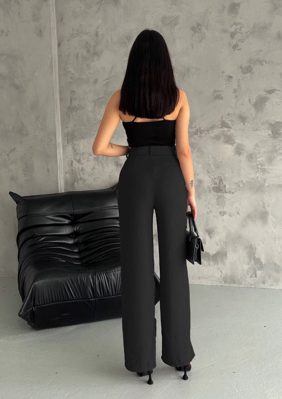 Kadın Siyah Yüksek Bel Bol Paça Cepli İthal Keten Pantolon HZL24S-FRY121821