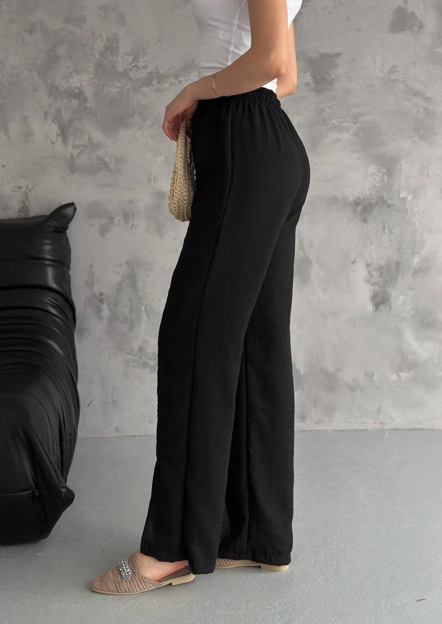 Kadın Siyah Lastikli Bel Yırtmaç Detaylı Cepsiz İthal Keten Astarsız Pantolon HZL24S-FRY121941