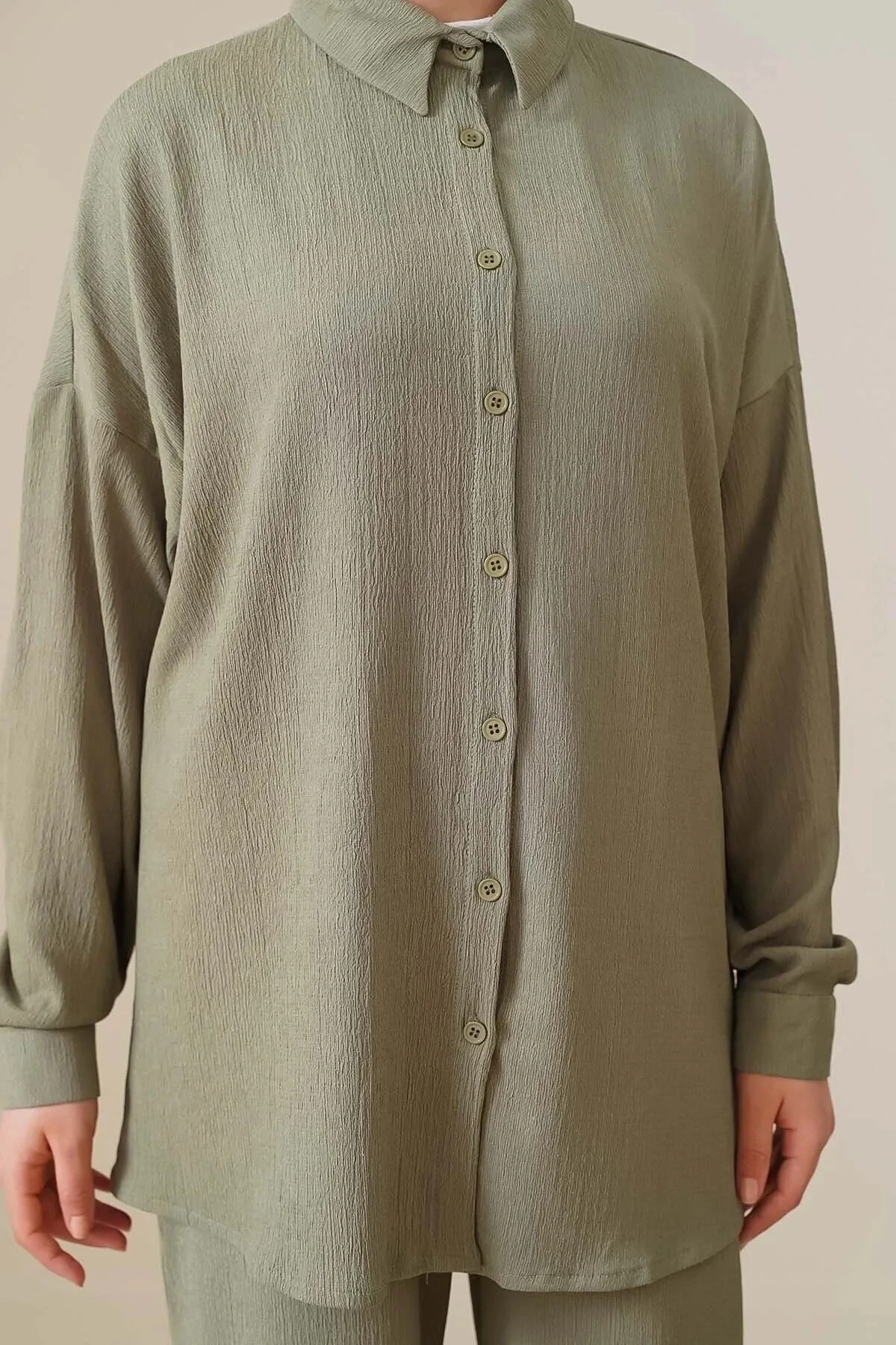 Kadın Tesettür Çağla Yeşil Geniş Kalıp Alt-Üst İkili Örme Takım HZL24W-BD158581