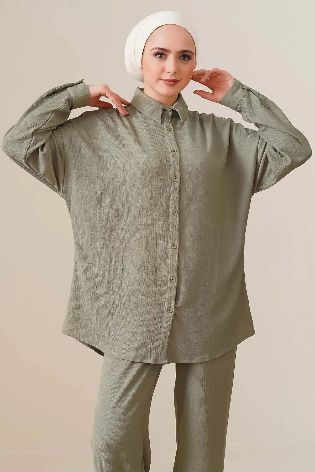 Kadın Tesettür Çağla Yeşil Geniş Kalıp Alt-Üst İkili Örme Takım HZL24W-BD158581